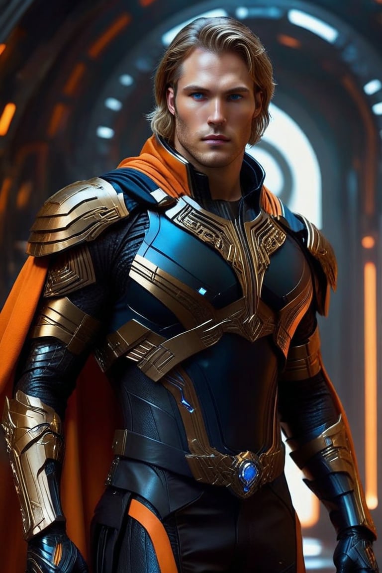Sci-Fi. Albericht Eismann is a human being, a beautiful man of 28 years old, ((caucasian)), long dark_blonde hair, blue eyes. muscular build.  ((black armor)). He wears a futuristic and highly cybernetic black armor. ((orange cape)), ((golden ornaments)), ((blue lines)), death's iconography. Inspired by the art of Destiny 2 and the style of Guardians of the Galaxy.,perfecteyes