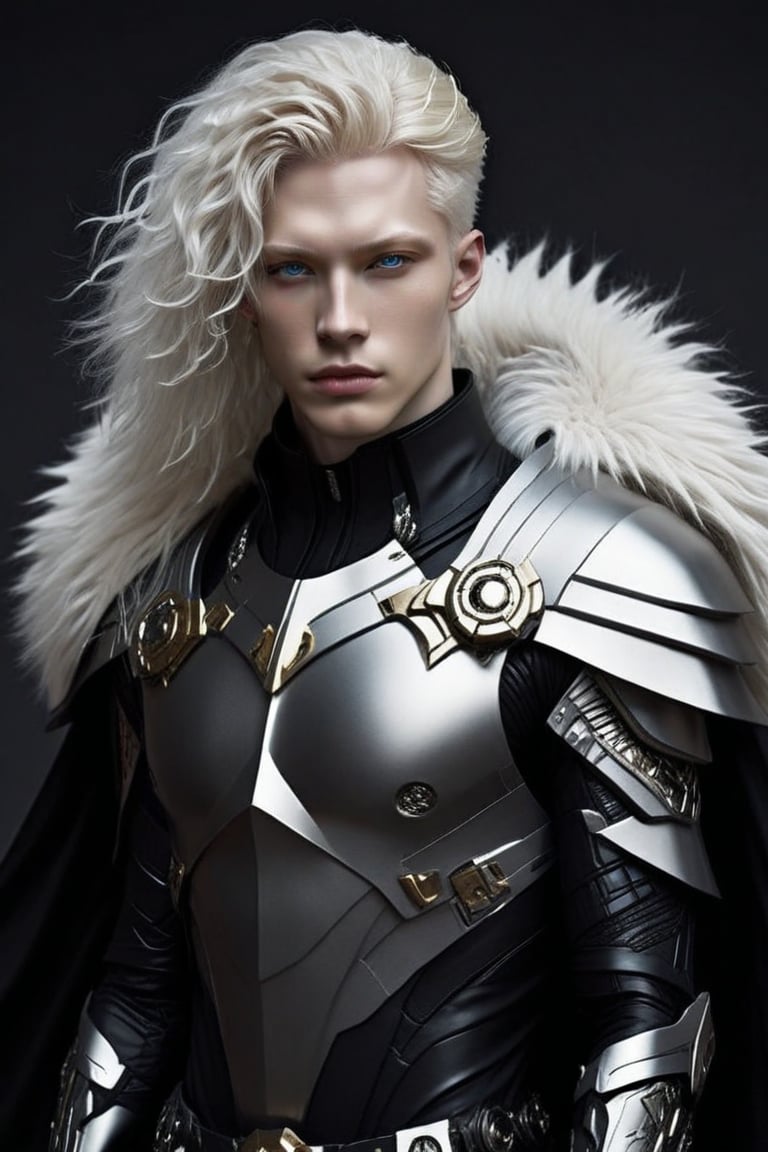 Sci-Fi. Thanapher Ankh is a human being, a handsome man of 25 years old, ((Albino)), ((albino skin)), long white wavy hair, pure_blue eyes.  athletic build.  ((Black armor)). He wears a futuristic and highly cybernetic black armor. ((grey_fur cape)), silver ornaments, blue lines, berserker iconography. Inspired by the art of Destiny 2 and the style of Guardians of the Galaxy.,perfecteyes