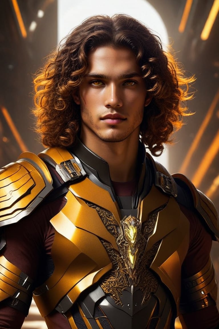 Sci-Fi. Diego Doronis is a human being, a handsome man of 25 years old, ((light_tanned skin)), very long dark_brown hair, ((wavy hair with curly ends)), yellow_orange eyes. athletic build.  ((yellow armor)). He wears a futuristic and highly cybernetic black armor. ((golden ornaments)), ((orange lines)), lion's iconography. Inspired by the art of Destiny 2 and the style of Guardians of the Galaxy.,perfecteyes