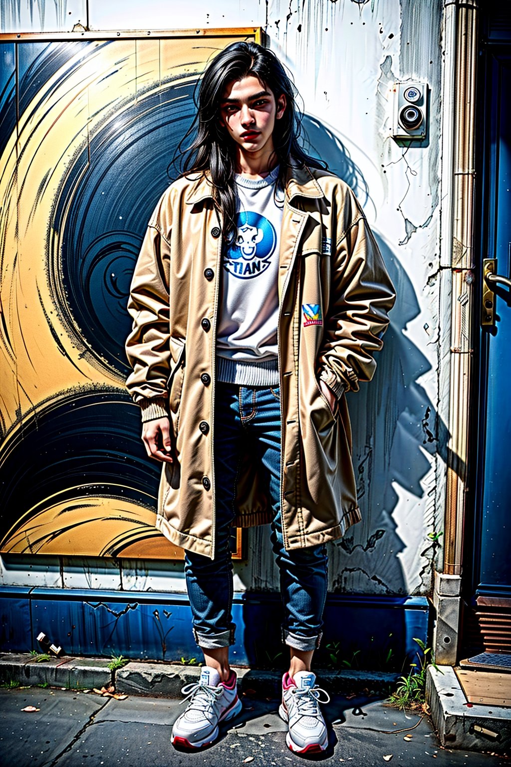 A handsome young man of 19 years old, with an athletic build. He has long black hair. He wears a black sweater, beige jacket, blue jeans, and sneakers. He has an urban and dangerous style. In the background an urban world, with a surreal and abstract style.,sciamano240,