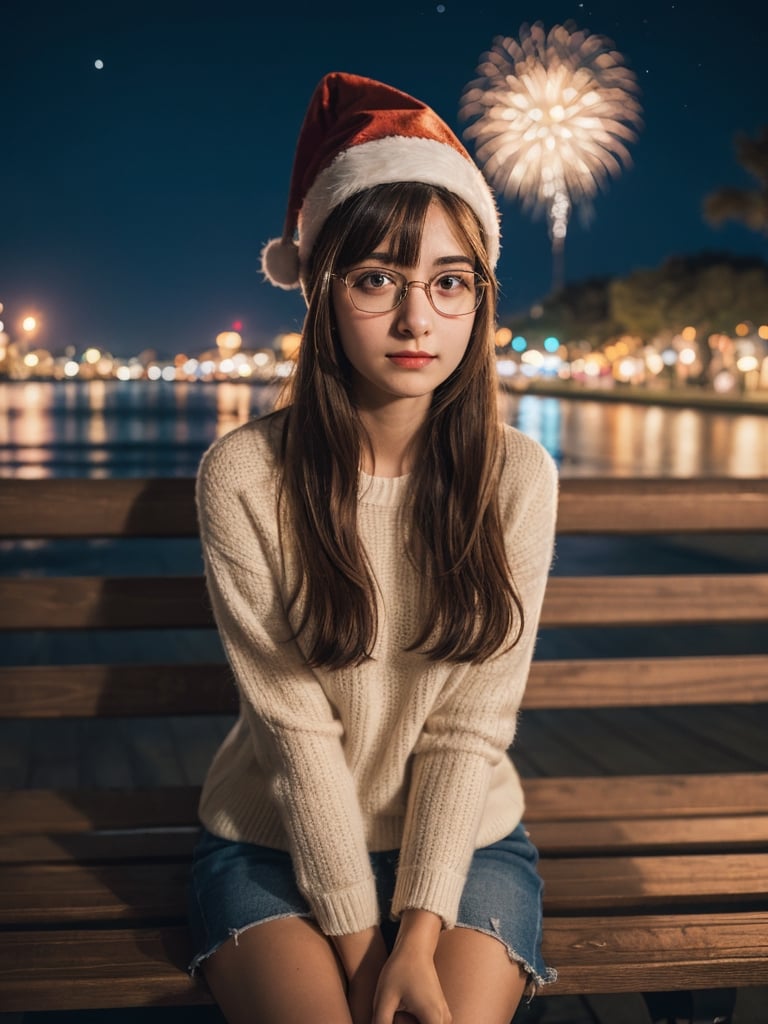neatly Israeli girl, 20 years old, glasses, christmas hat, sitting on a park bench, night time, fireworks in the sky, saded expression, (best quality, realistic, photography, highly detailed, 8K, HDR) 