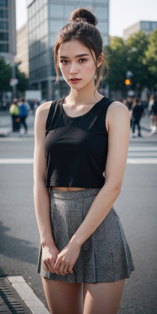 Best quality, raw photo, photorealism, lifelike rendering, sporty Swedish girl, 18 years old, in the city square, ponytail, mini_skirt, dusk time, attractive expression, detailed eyes and facial, detailed real skin texture, ray tracing, 
