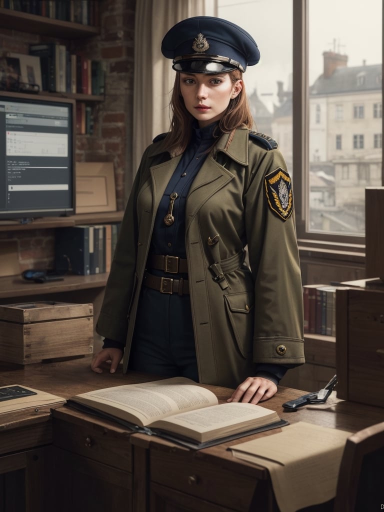 beautiful British woman, about 26 years old, military coat, beret hat, in the command center, (best quality, realistic, highly detailed, photograph, 8K, HDR) 
