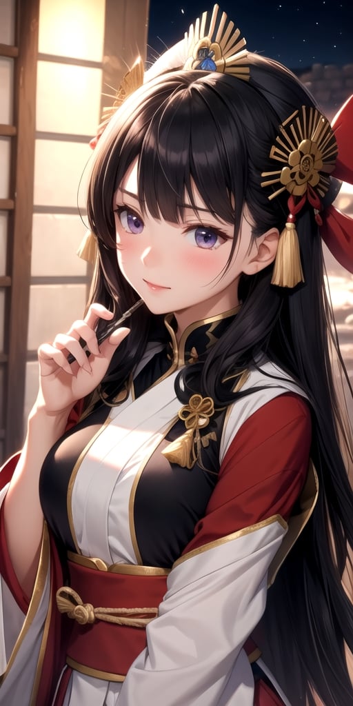 Fate, Fate/Grand Order, Oda Nobunaga, in the castle, night time, blushing expression, (best quality, extremely-detailed, intricate-details) 