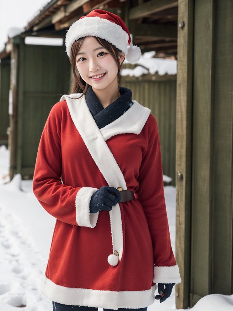 cute Japanese woman, 20 years old, shapely, santa outfit, in the military camp, snowy, joyful expression, (best quality, realistic, photography, highly detailed, 8K, HDR) 