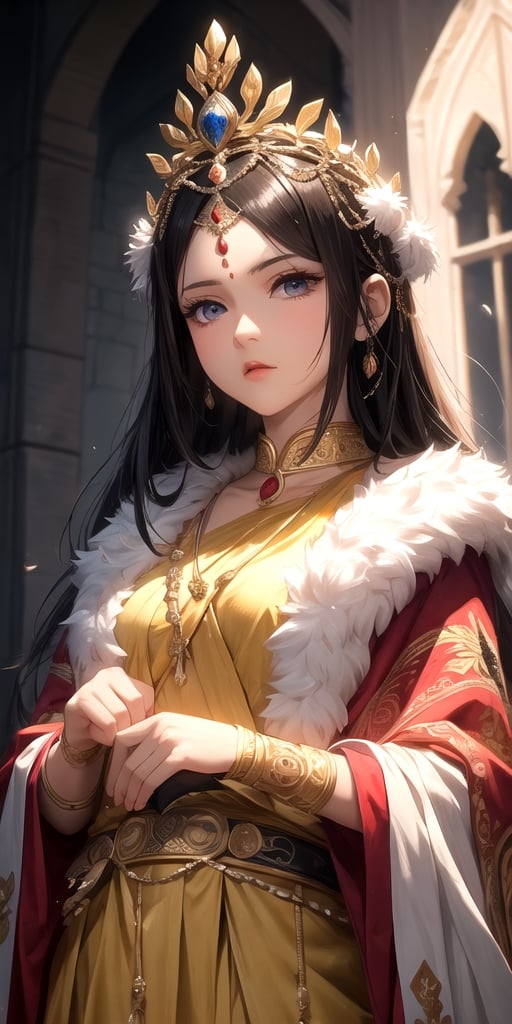 Fate, Fate/Grand Order, Lakshmibai, in the castle balcony, evening light, cold expression, (best quality, extremely detailed, intricate background) 