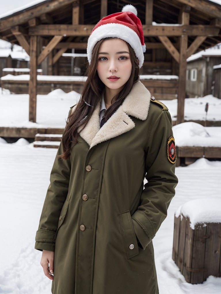 sexy woman, Canadian 24 years old, shapely, army coat, christmas hat, in the military camp, snowy, arrogant expression, (best quality, realistic, photography, highly detailed, 8K, HDR) 
