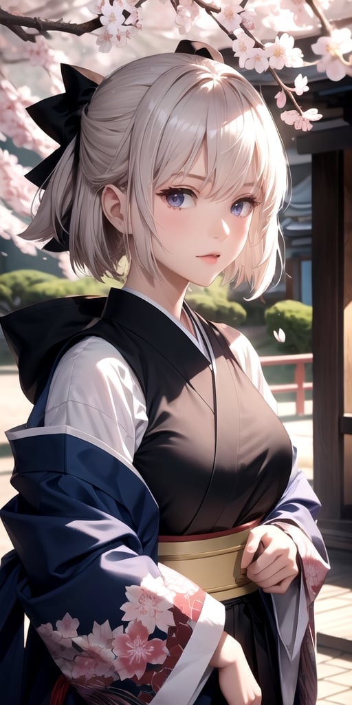 Fate, Fate/Grand Order, Okita Soji, in the japanese temple, sakura, daytime, cold expression, (best quality, extremely detailed, intricate background) 