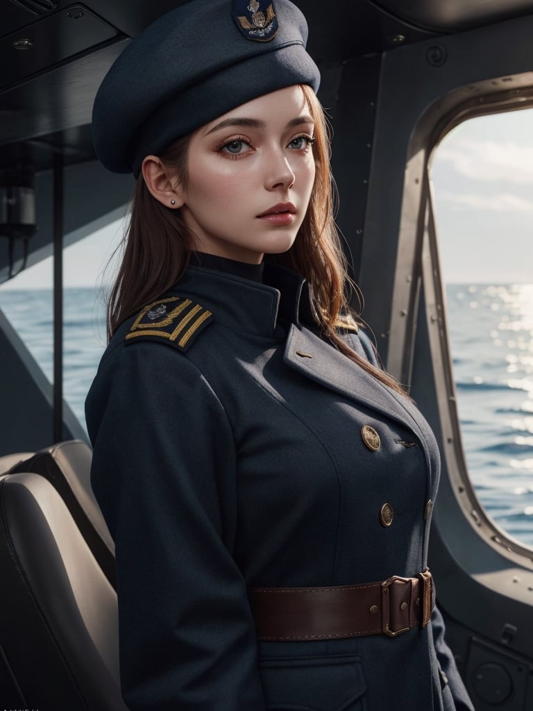 beautiful American woman, about 26 years old, military navy coat, beret hat, in the warship, (best quality, realistic, highly detailed, photograph, 8K, HDR) 