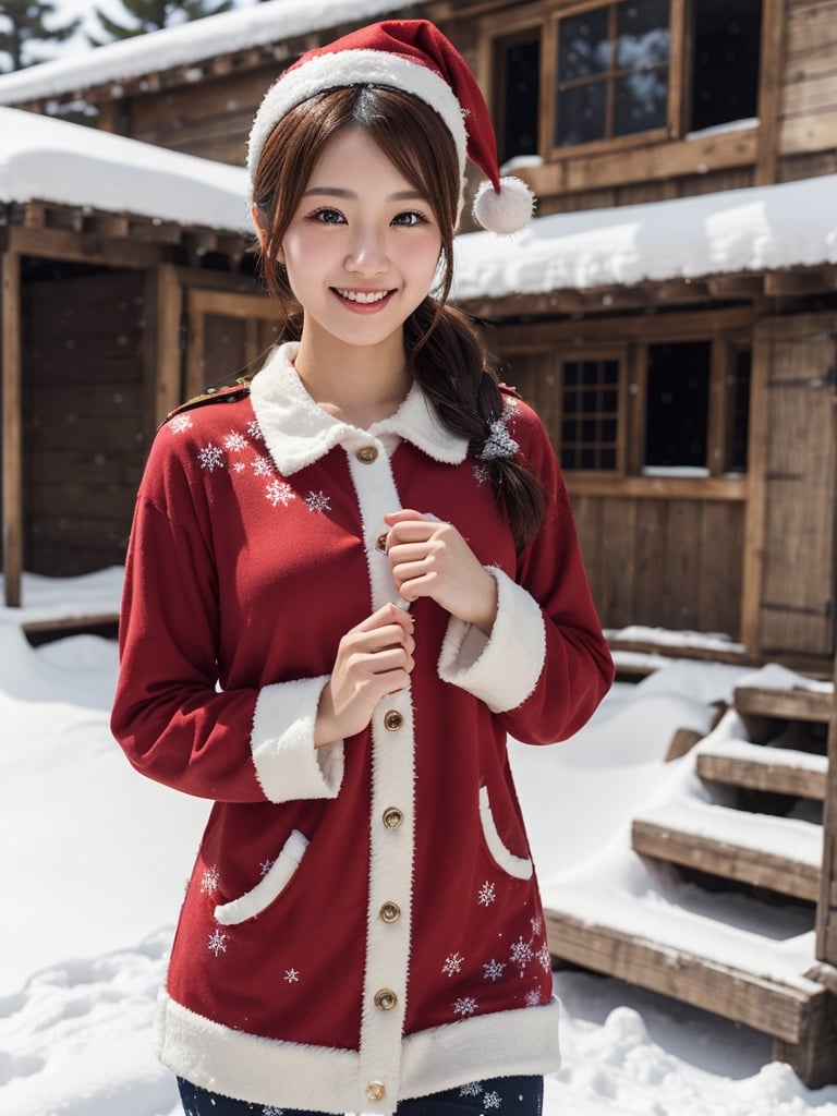 cute Japanese woman, 20 years old, shapely, santa outfit, in the military camp, snowy, joyful expression, (best quality, realistic, photography, highly detailed, 8K, HDR) 