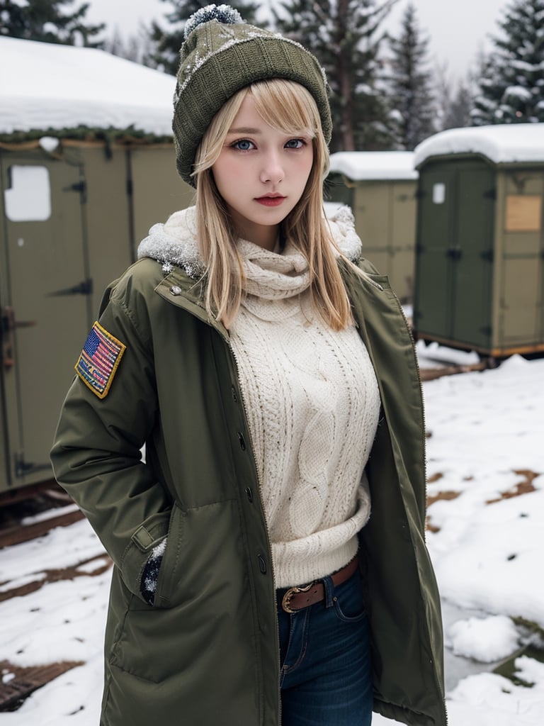 sexy woman, American 24 years old, shapely, blonde hair, army winter jacket, christmas hat, in the military camp, snowy, arrogant expression, (best quality, realistic, photography, highly detailed, 8K, HDR) 