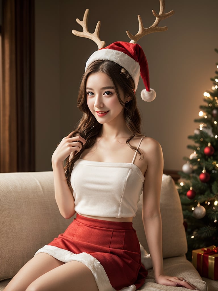 adorable girl, American 22 years old, shapely, santa costume, skirt, deer horn, sitting on a sofa, gift box, christmas tree, happy expression, (best quality, realistic, photography, highly detailed, 8K, HDR, raw photo, photorealism, lifelike rendering) 