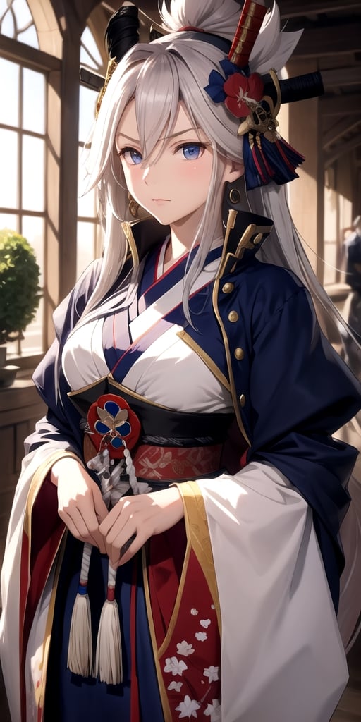 Fate, Fate/Grand Order, Miyamoto Musashi, in the castle, midnight, cold expression, (best quality, extremely detailed, intricate background) 