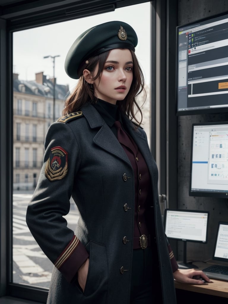 beautiful French woman, about 26 years old, military overcoat, beret hat, in the command center, (best quality, realistic, highly detailed, photograph, 8K, HDR) 