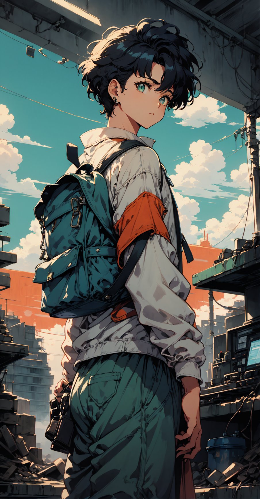 In a warm orange haze, a lone figure emerges against the reclaimed ruins of a city, now teeming with lush vegetation and vibrant greenery. The protagonist, a short-haired young man with bangs and piercings, stands tall, clutching a steel bottle in his hands. His dark-colored, post-apocalyptic attire is worn but determined expression shines through, framed by the bright blue noon sky with puffy white clouds. A small backpack adorns his back, symbolizing resilience and resourcefulness, set against the nostalgic charm of retro-illustration reminiscent of 1980s-1990s anime, as he surveys the revitalized landscape with his green eyes.