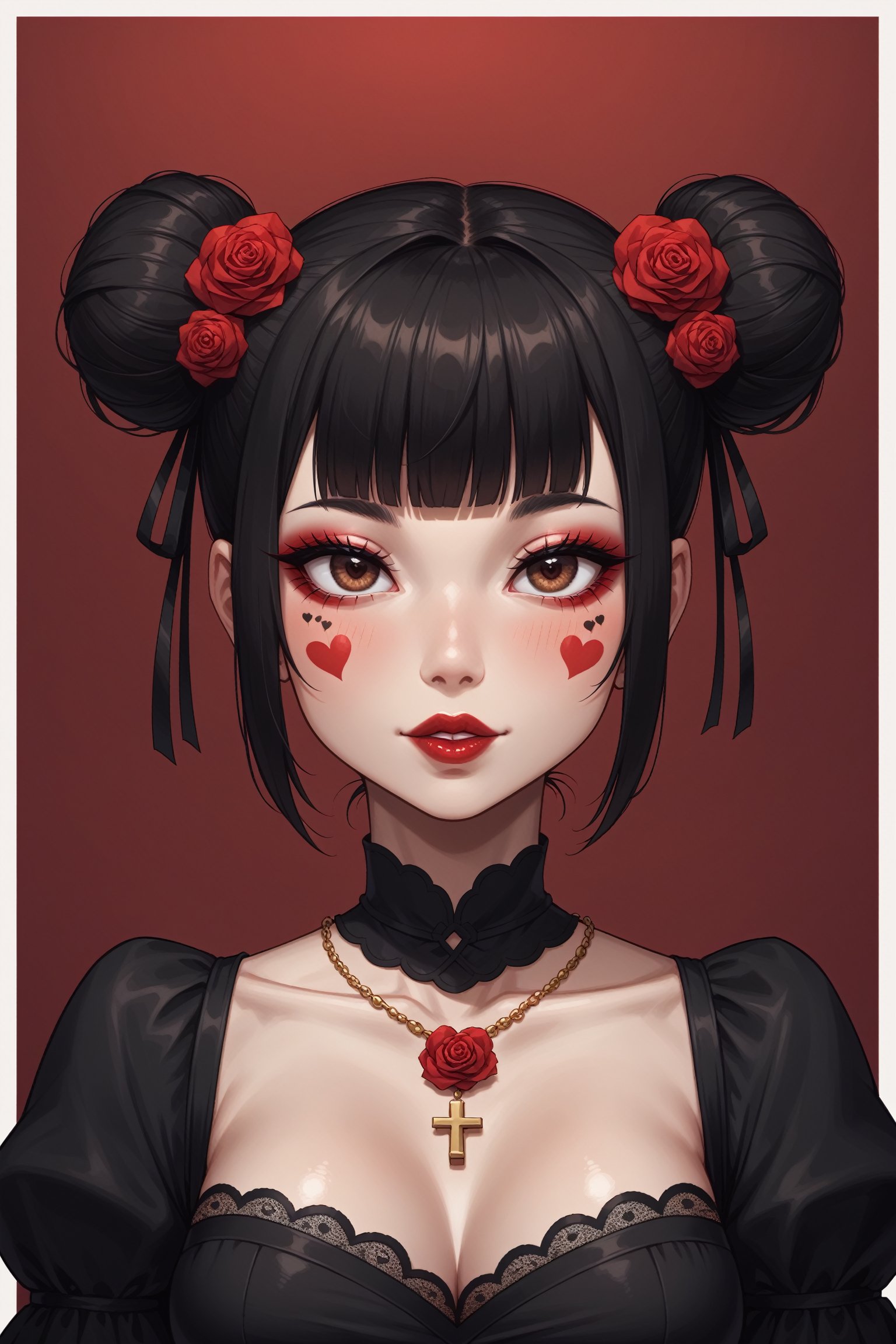 dal-1, 1girl, solo, looking at viewer, short hair, black hair, hair ornament, dress, closed mouth, jewelry, twintails, brown eyes, upper body, flower, heart, frills, parted lips, blunt bangs, hair flower, necklace, hair bun, black dress, eyelashes, clothing cutout, tattoo, double bun, makeup, border, rose, facial mark, portrait, cross, red flower, white border, red background, lace, red rose, red lips, red theme, heart tattoo, heart facial mark
,CONCEPT_irezumi_YakuzaTattoo_ownwaifu,score_9