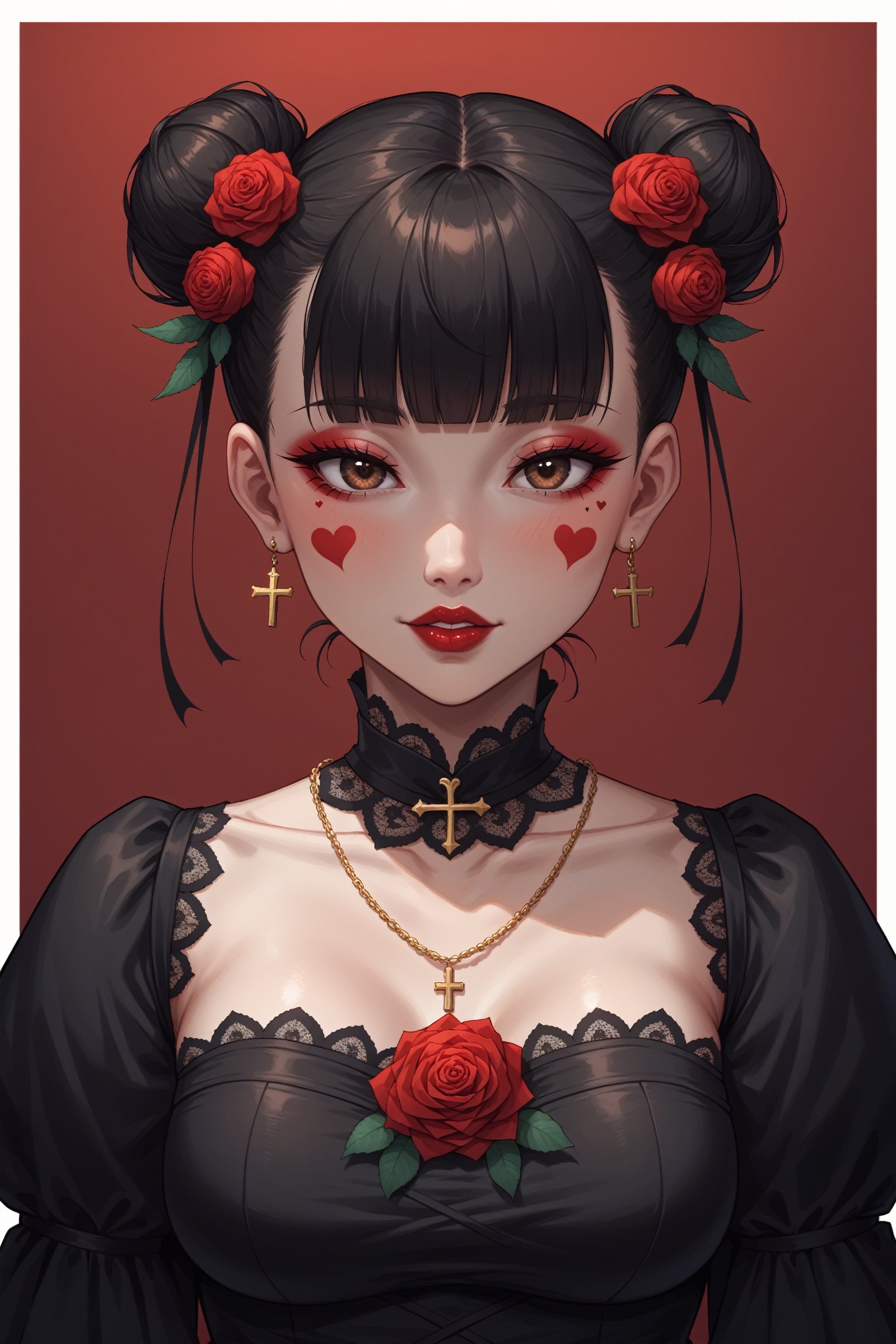 dal-1, 1girl, solo, looking at viewer, short hair, black hair, hair ornament, dress, closed mouth, jewelry, twintails, brown eyes, upper body, flower, heart, frills, parted lips, blunt bangs, hair flower, necklace, hair bun, black dress, eyelashes, clothing cutout, tattoo, double bun, makeup, border, rose, facial mark, portrait, cross, red flower, white border, red background, lace, red rose, red lips, red theme, heart tattoo, heart facial mark
,CONCEPT_irezumi_YakuzaTattoo_ownwaifu,score_9