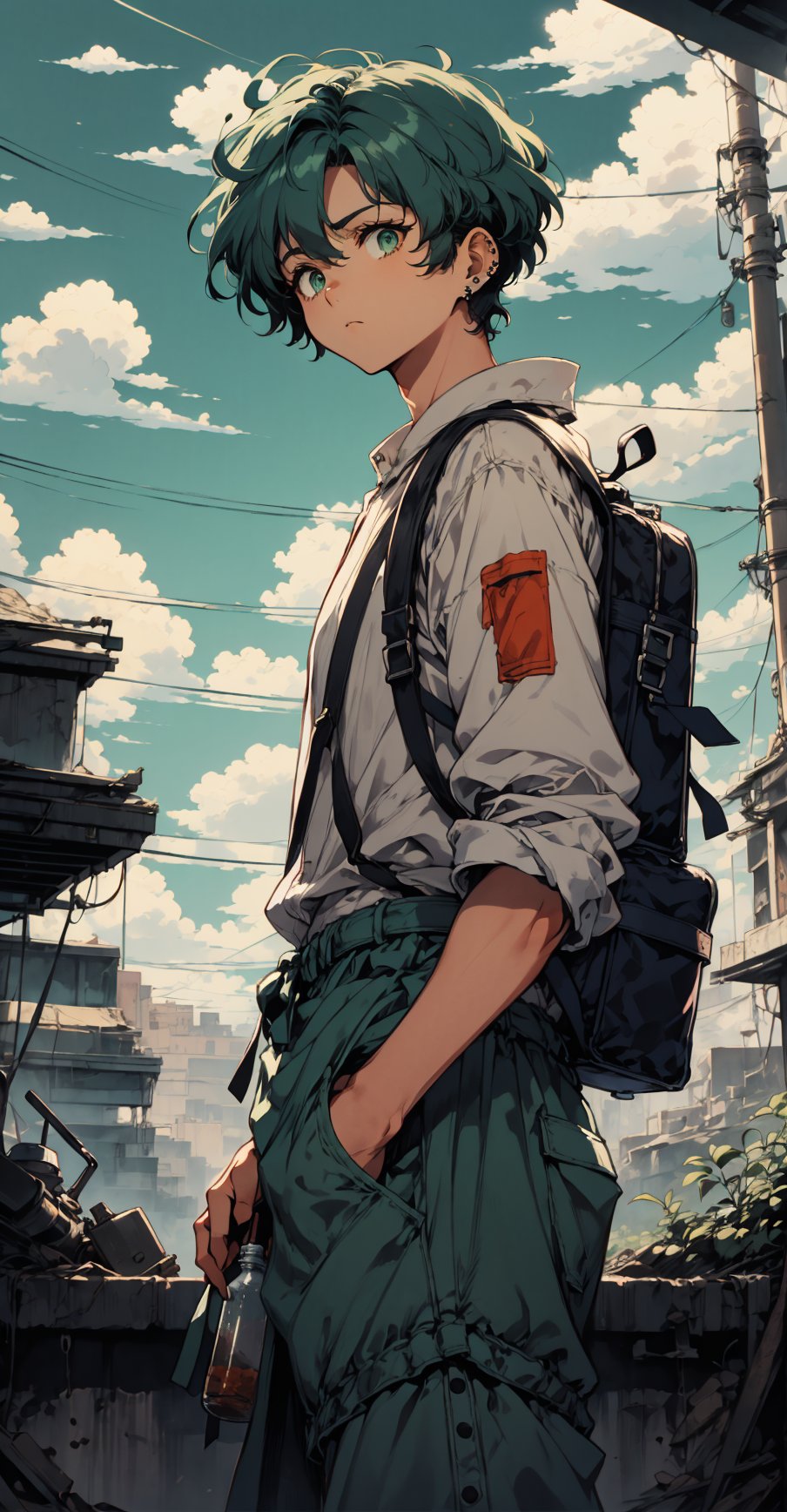 In a warm orange haze, a lone figure emerges against the reclaimed ruins of a city, now teeming with lush vegetation and vibrant greenery. The protagonist, a short-haired young man with bangs and piercings, stands tall, clutching a steel bottle in his hands. His dark-colored, post-apocalyptic attire is worn but determined expression shines through, framed by the bright blue noon sky with puffy white clouds. A small backpack adorns his back, symbolizing resilience and resourcefulness, set against the nostalgic charm of retro-illustration reminiscent of 1980s-1990s anime, as he surveys the revitalized landscape with his green eyes.