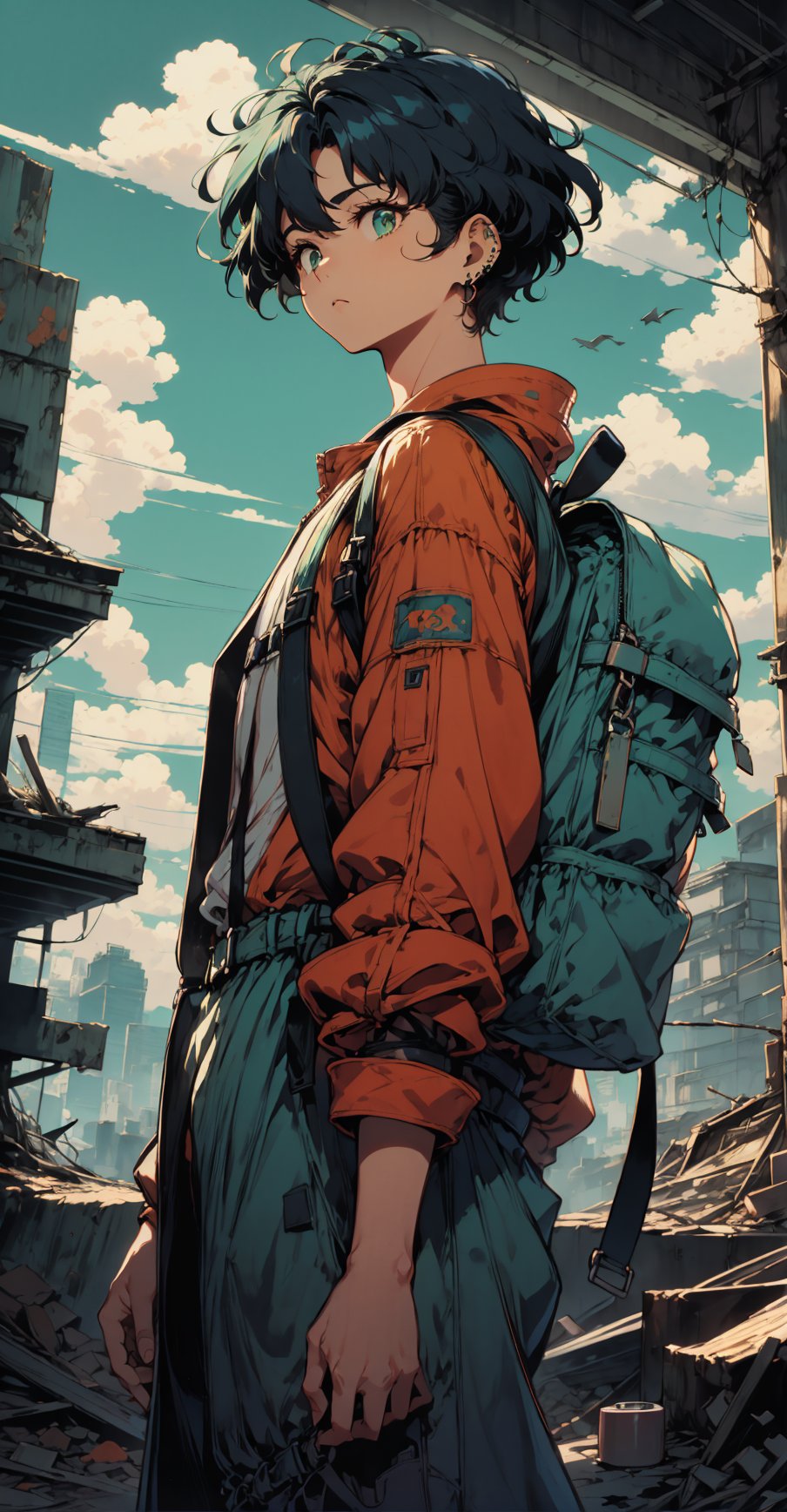 In a warm orange haze, a lone figure emerges against the reclaimed ruins of a city, now teeming with lush vegetation and vibrant greenery. The protagonist, a short-haired young man with bangs and piercings, stands tall, clutching a steel bottle in his hands. His dark-colored, post-apocalyptic attire is worn but determined expression shines through, framed by the bright blue noon sky with puffy white clouds. A small backpack adorns his back, symbolizing resilience and resourcefulness, set against the nostalgic charm of retro-illustration reminiscent of 1980s-1990s anime, as he surveys the revitalized landscape with his green eyes.