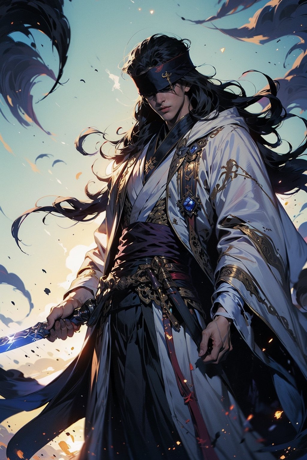 EpicGhost, (Anime style, Guvez style, long hair white robe, holding a sword, flowing white robe, blindfolded, Yang J, Zhiding, handsome art painting, beautiful character painting, Shi Tao)