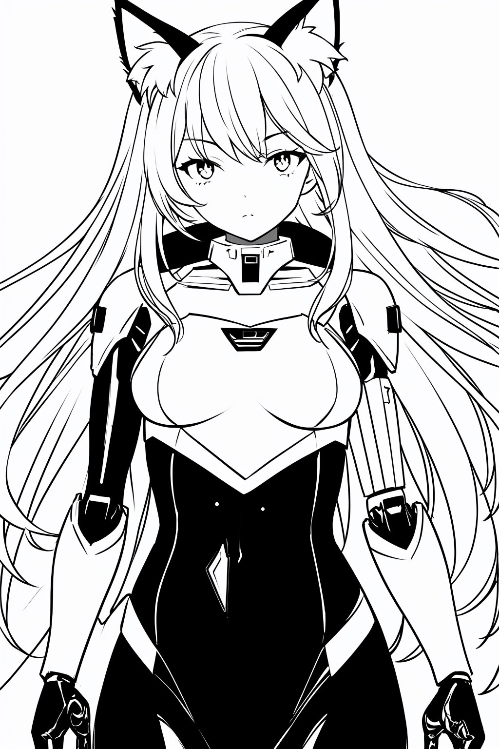 Beautiful girl with cat like ears wearing a suit (bodysuit) that is a tight fit. medium breasts, slime thicc,, 1 girl,mecha,line anime,fujimotostyle,LINEART,
masterpiece, best quality, aesthetic,line art,monochome,mecha,robot,masterpiece