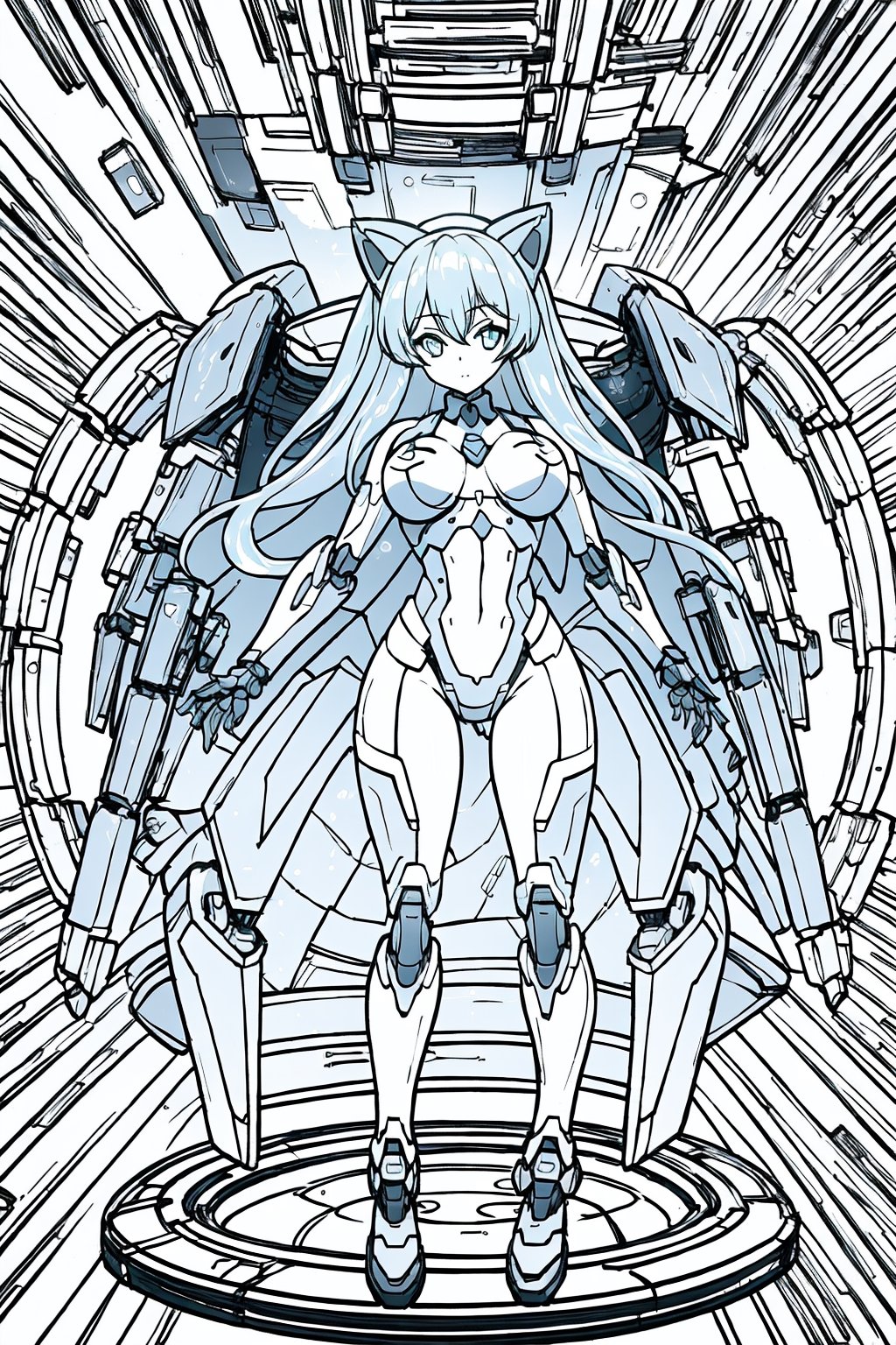 Beautiful girl with cat like ears wearing a suit (bodysuit) that is a tight fit. medium breasts, slime thicc,, 1 girl,mecha,line anime,fujimotostyle,LINEART,
masterpiece, best quality, aesthetic,line art,monochome,mecha,robot,masterpiece,1 girl,Mecha Anime Figurine