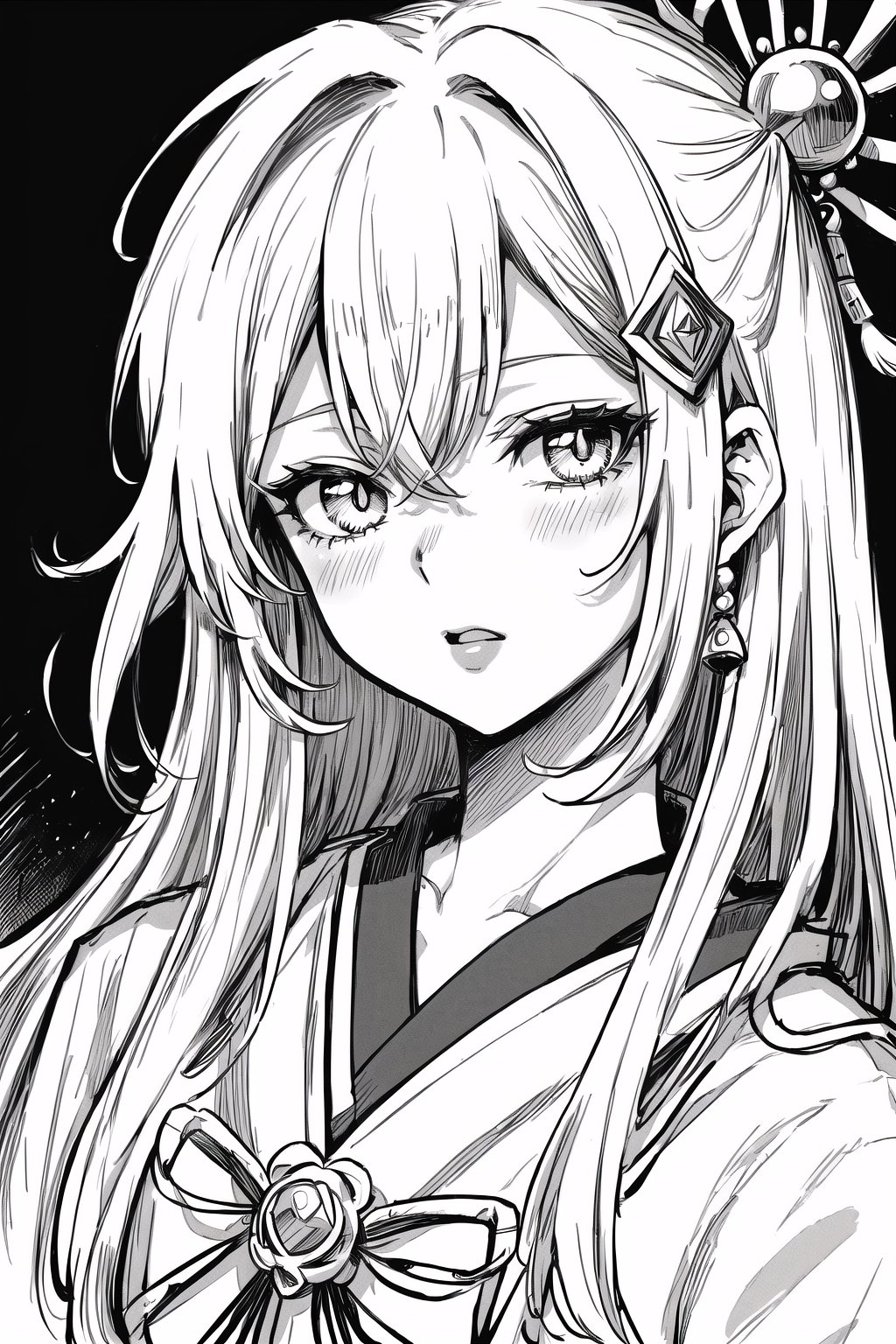 (Masterpiece), (highres), 8k, manga, digital illustration, 2d,  retro artstyle,  monochrome, partially colored,(ultra-detailed portrait of a woman,solo,  shaded face, hair ornament, confident, jewelry, colorful, frill trim, extremely detailed, detailed face, lipstick, straight hair, bangs,stylish, expressive, blush, looking to the side,  head tilt,  cowboy shot, fully clothed, (8k resolution),post00d,Hajime_Saitou,,quju,Oiran,sugar_rune