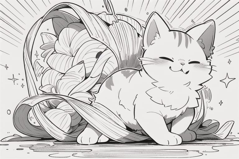 lineart,black and white, (masterpiece:1.2), best quality,PIXIV,Orange cat,  1tail,outline,line anime,midjourney