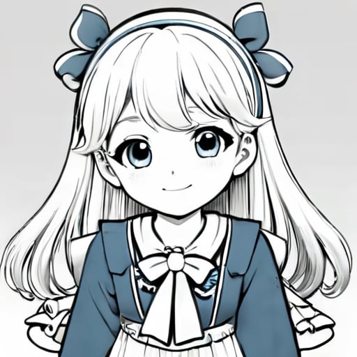  manga, (lineart), (monochrome), black and white,,Lineart, LineAniAF,,avatar cute, 1girl, solo, long hair, blush, smile, bangs, long sleeves, bow, ribbon, closed mouth, closed eyes, upper body, white hair, hair bow, hairband, star (symbol), blue dress, blue bow, facing viewer,3d style,lineart