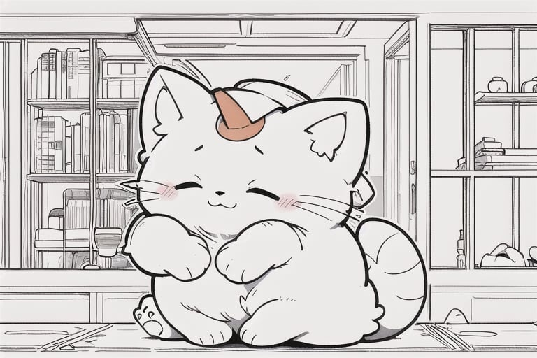 lineart,black and white, (masterpiece:1.2), best quality,PIXIV,Orange cat, construction_hat , 1tail,outline,line anime