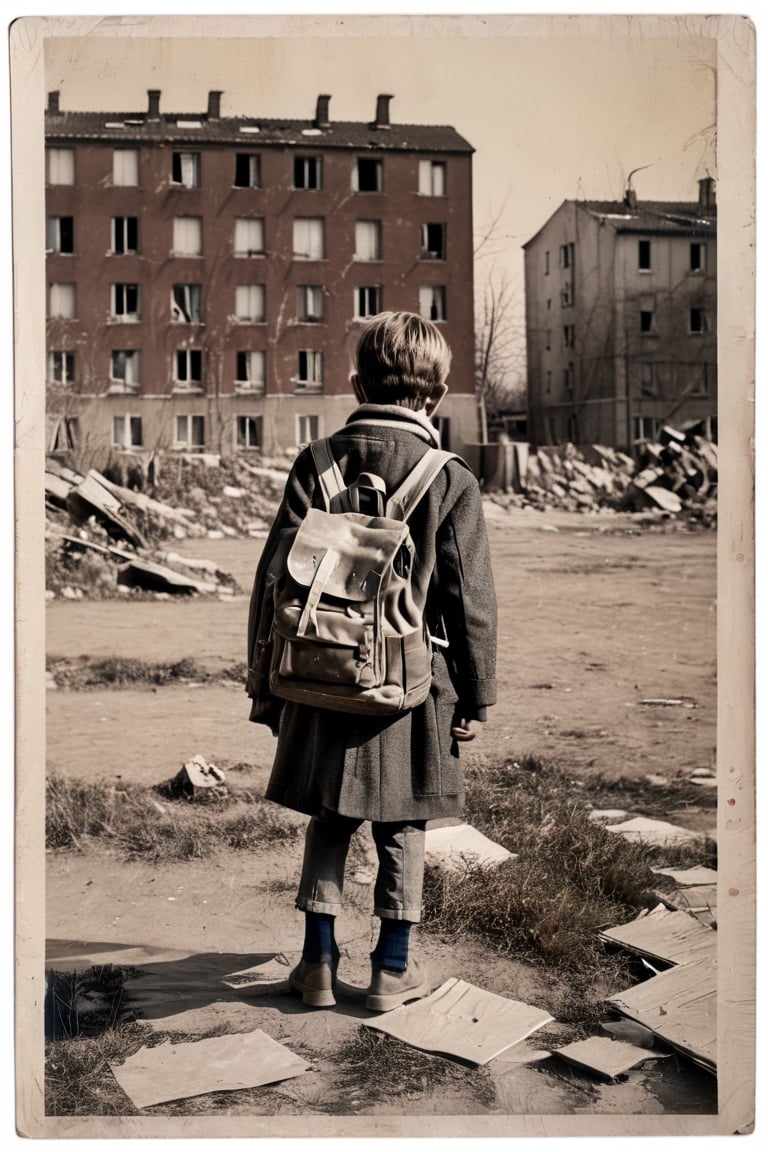 A child in a vacant lot, behind a public housing project, with a schoolbag on his back, looking tired and sad, 1970s, in Europe    , full-body_portrait,  front view from above,  focus on face, sunlight,  warmdramatic lighting ( lofi,  messy,  ,  photography,  photorealism,  portraits,  bokeh )