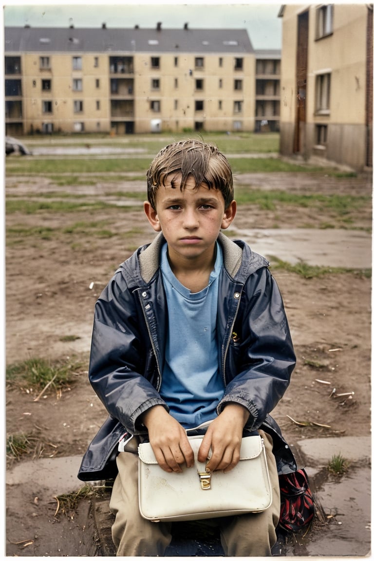 A child sitting in a vacant lot, staring into space, hands in his hands, behind a public housing project, with a schoolbag on his back, it's raining, looking tired and sad, 1970s, in Germany, full-body_portrait,  front view from above,  focus on face, sunlight,  warmdramatic lighting ( lofi,  messy,  ,  photography,  photorealism,  portraits,  bokeh )