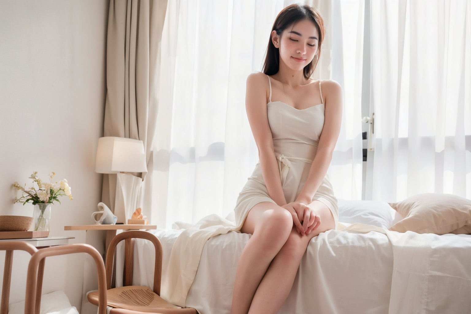 portrait of adorable 20yo thai girl pose in minimalist room, half shot, white satin dress, eyes closed ,  white minimalist room background, bed, translucent curtain, wood chair, vase, plants, sidebed carbinet ,((morning sun lighting shineing in))