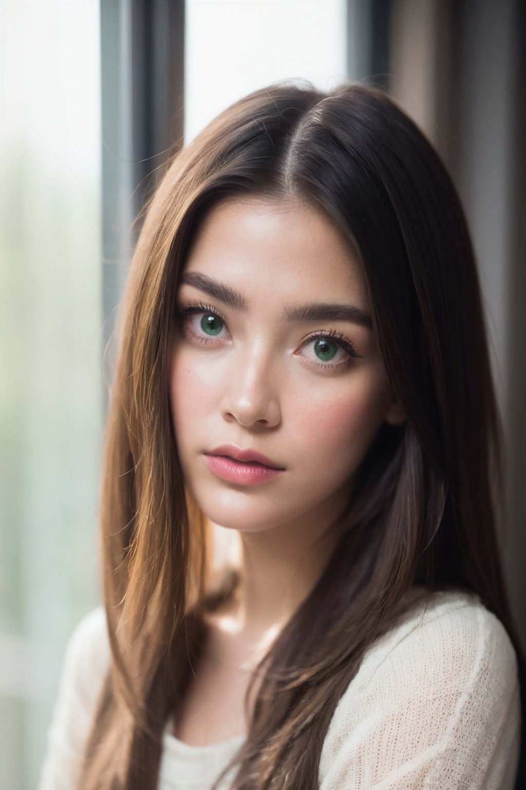 portrait of a woman with minimalist style, white and green tones, soft shadow from outside the window, Scandinavian interior, natural makeup, soft focus, high-key lighting