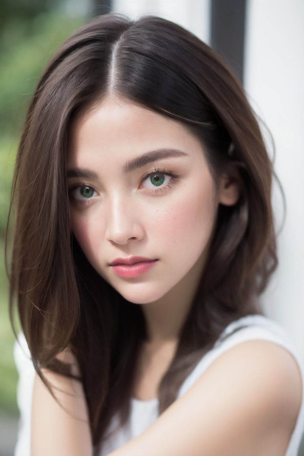 portrait of a woman with minimalist style, white and green tones, soft shadow from outside the window, Scandinavian interior, natural makeup, soft focus, high-key lighting