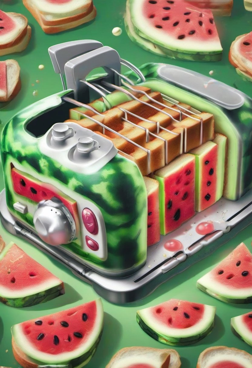 A bread toaster shaped like a round watermelon, popping a slice of watermelon toast