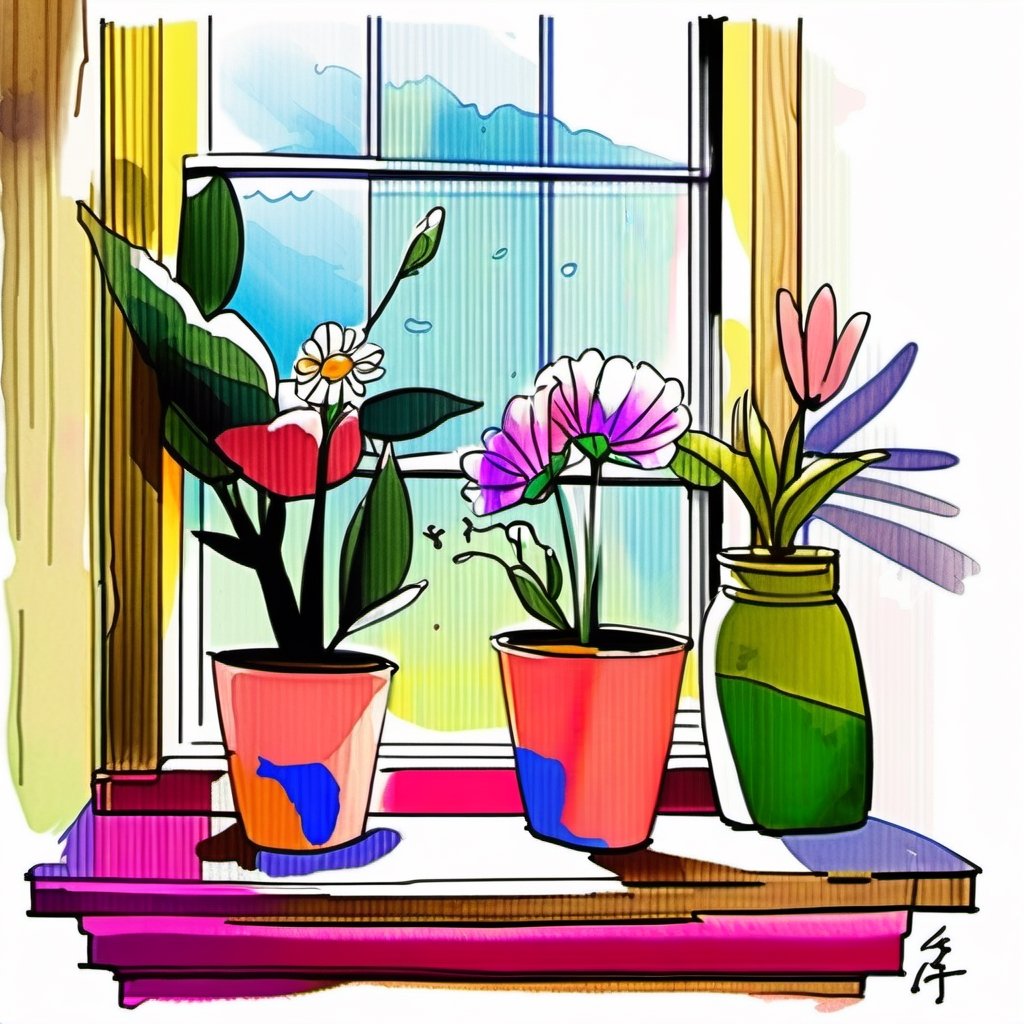 Painting, watercolor, ink rough sketch illustration of old wooden shelf filled with potted flowers and other plants near a sunny window, inside a shack. vibrant colors, art by Kim Jung-Gi