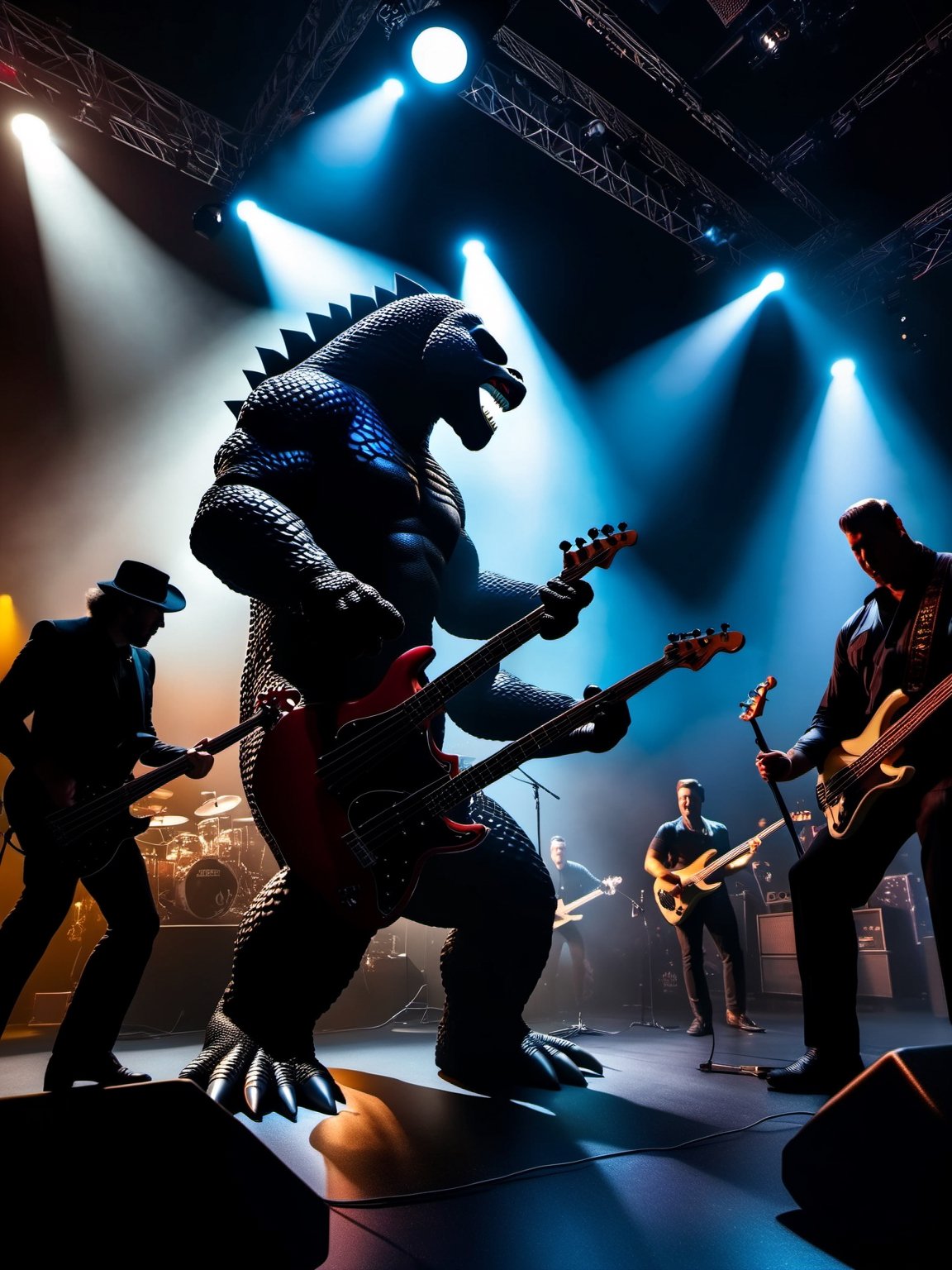 Photo. Close up of Godzilla and King Kong playing bass, performing on stage, Spotlights and bright colorful music show lights, silhouetted crowd of people around the photographer. Tokyo citiscapes, night scene, dark fantasy, art by Gerald Brom, HDR, 8k,  high contrast,  bold negative spaces,  cinematic,  complex and multidimensional lighting,  epic
