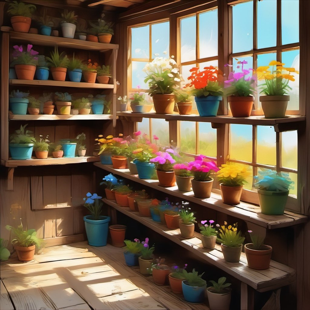 Painting, rough sketch illustration of old wooden shelf filled with potted flowers and other plants near a sunny window, inside a shack. vibrant colors, art by Kim Jung-Gi, ,digital painting