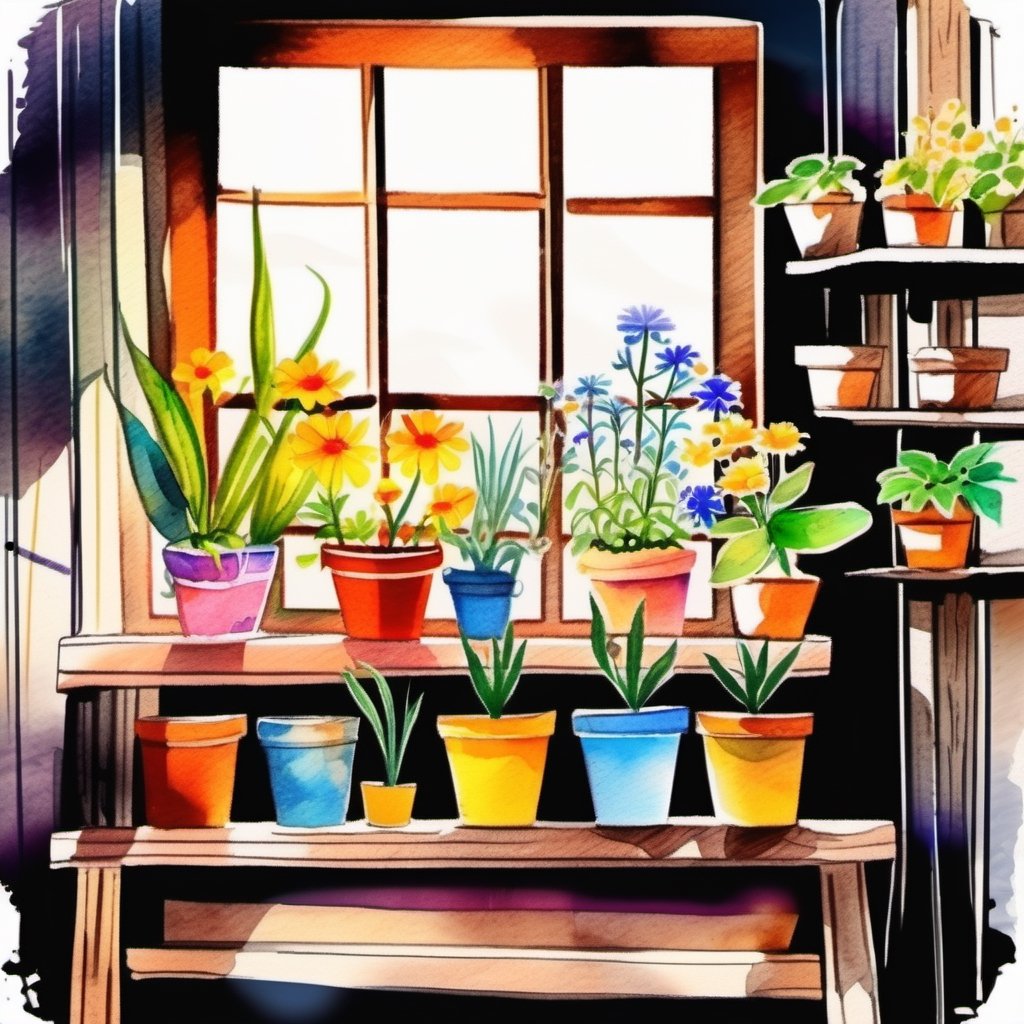 Painting, watercolor,sketch of old wooden shelf filled with potted flowers and other plants near a sunny window, inside a shack. vibrant colors