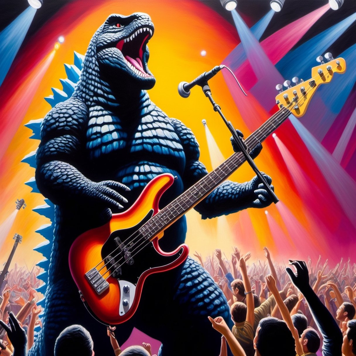 Oil painting, Close up of Godzilla playing bass, performing on stage, Spotlights and bright colorful music show lights, silhouetted crowd of people around the photographer, King Kong singing along.