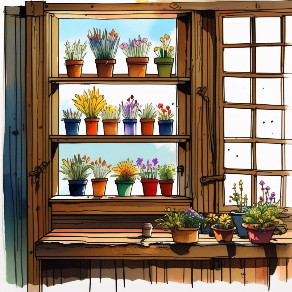 Painting, watercolor, ink sketch illustration of old wooden shelf filled with potted flowers and other plants near a sunny window, inside a shack. vibrant colors, art by Kim Jung-Gi