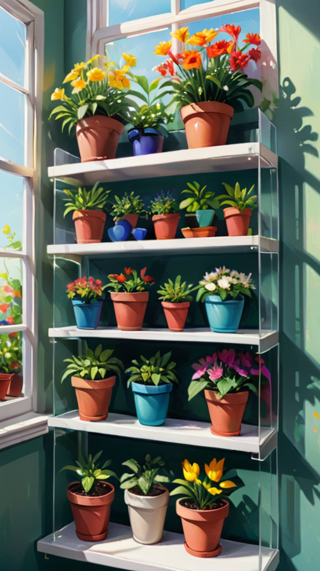 Acrylic illustration of shelf filled with potted flowers and other plants near a sunny window, vibrant colors, highly detailed.