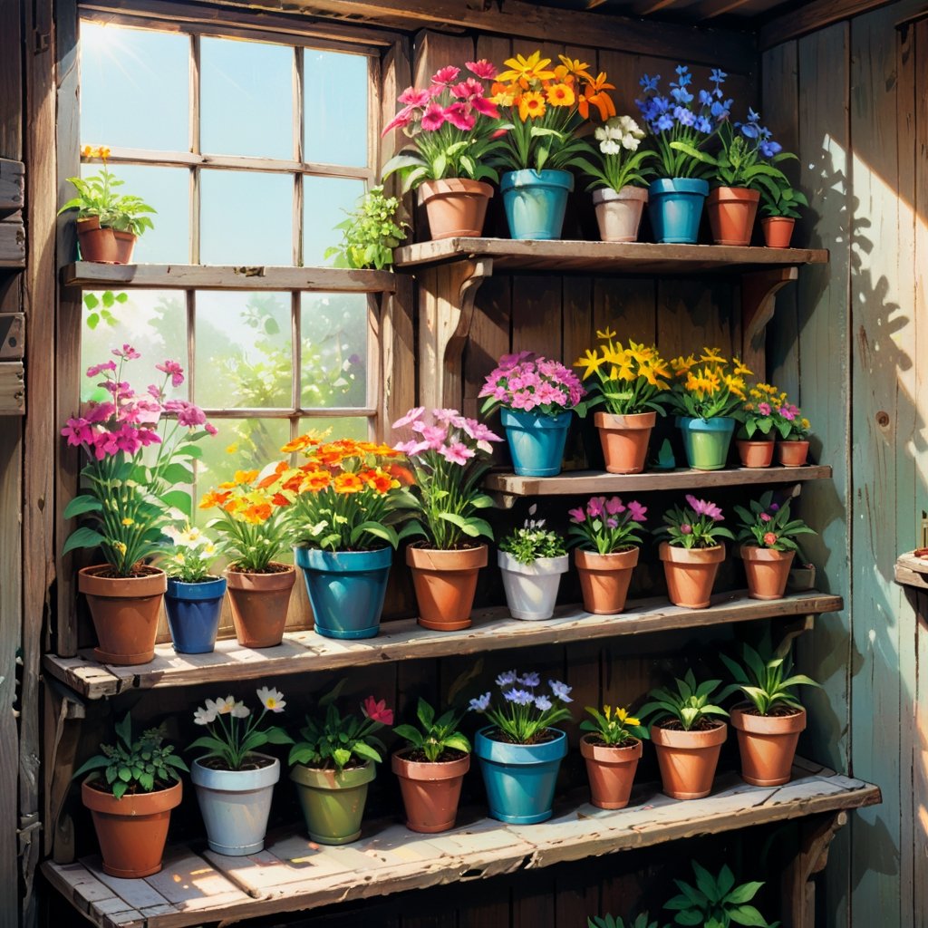 Acrylic painting illustration of old wooden shelf filled with potted flowers and other plants near a sunny window, inside a shack. vibrant colors, art by Kim Jung-Gi, 