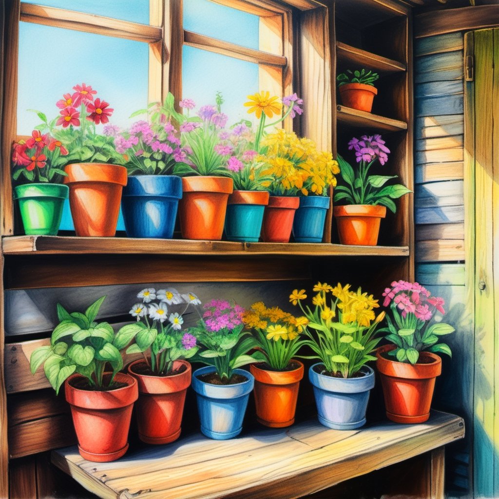 Pencil drawing, vibrant colorful sketch of old wooden shelf filled with potted flowers and other plants near a sunny window, inside a shack, acrylic painting