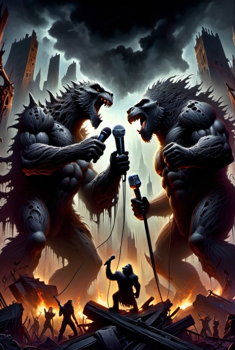 A masterful composition, a dark and gritty but luminous digital fantasy painting in the style of Brom, Godzilla and King Kong hold a microphones singing a duet at a rock concert on top of the wreckage of a smoldering city, HDR, 8k, extremely detailed, detailed background, high contrast, bold negative spaces, cinematic, complex and multidimensional lighting, epic,  