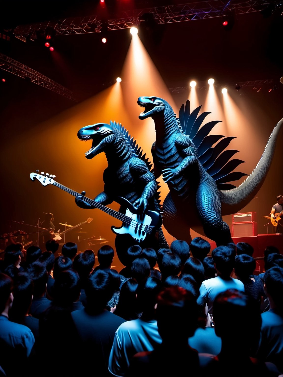 Photo. Close up of Godzilla and Mothra playing bass, performing on stage, Spotlights and bright colorful music show lights, silhouetted crowd of people around the photographer. Tokyo citiscapes, night scene, dark fantasy, art by Gerald Brom, HDR, 8k,  high contrast,  bold negative spaces,  cinematic,  complex and multidimensional lighting,  epic