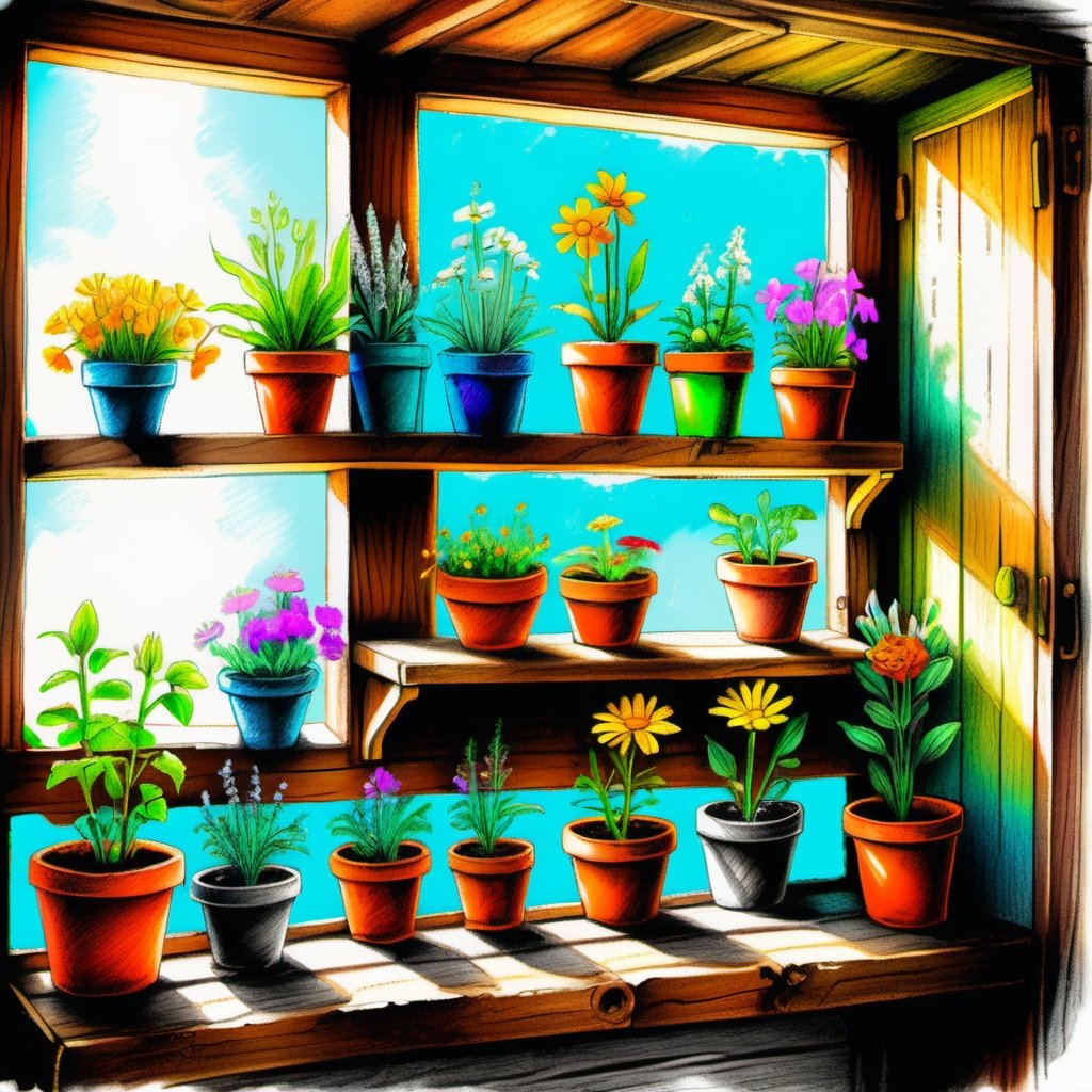 Pencil drawing, vibrant colorful sketch of old wooden shelf filled with potted flowers and other plants near a sunny window, inside a shack