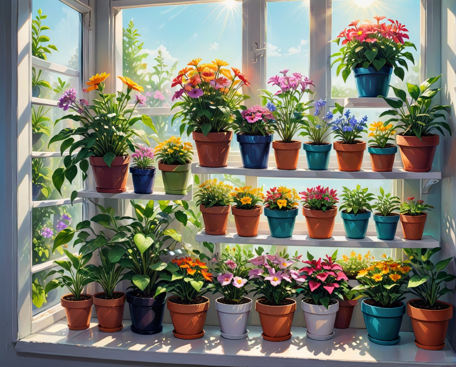 Acrylic illustration of shelf filled with potted flowers and other plants near a sunny window, vibrant colors, highly detailed.