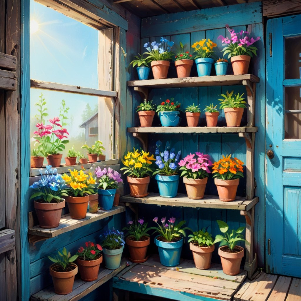 Acrylic painting illustration of old wooden shelf filled with potted flowers and other plants near a sunny window, inside a shack. vibrant colors, rough paintbrush, blue door